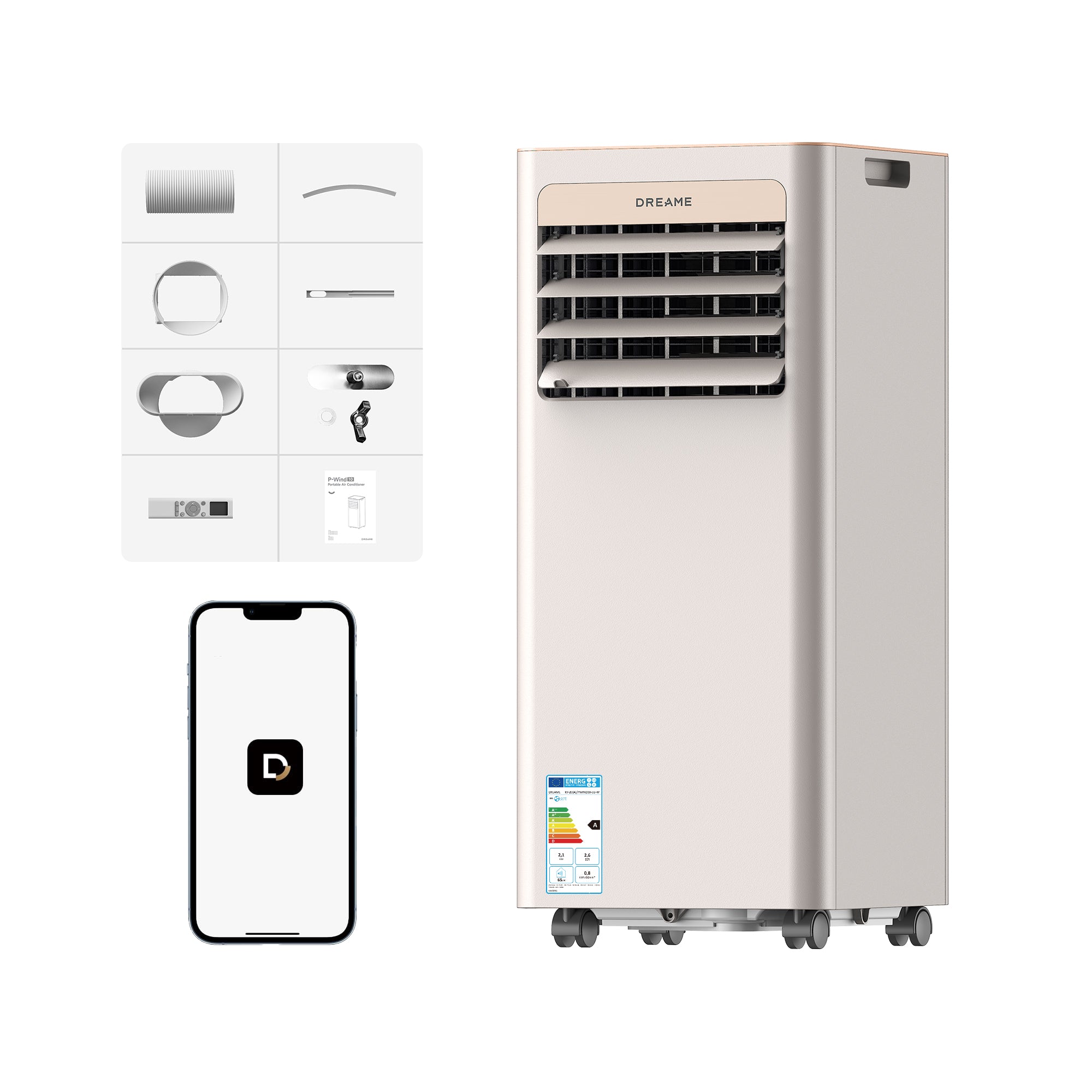 DREAME P-Wind10 7000 BTU Condizionatore Portatile 3-in-1: Raffreddamento, Deumidificazione e Ventilazione, Flusso d’aria 3D, Controllo tramite App e Telecomando, Modalità Notturna,Installazione Facile [Classe di efficienza energetica A]
